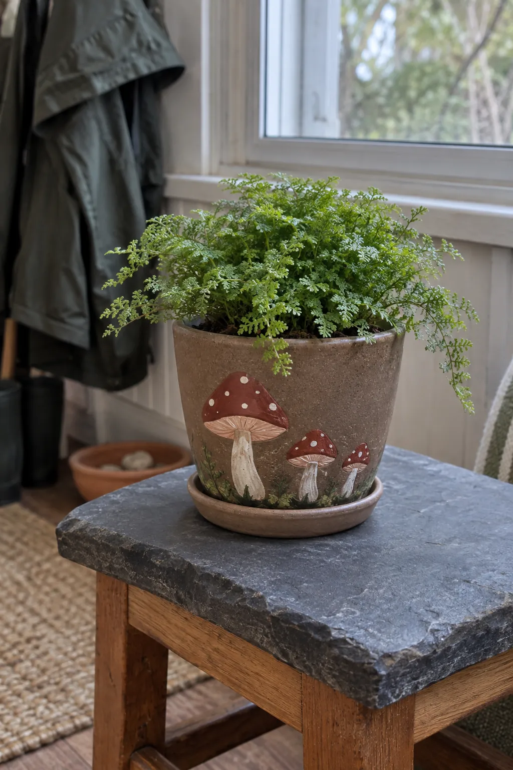 A muted brown pot painted with a small cluster of cream stemmed mushrooms with rust red caps, holding a delicate selaginella plant