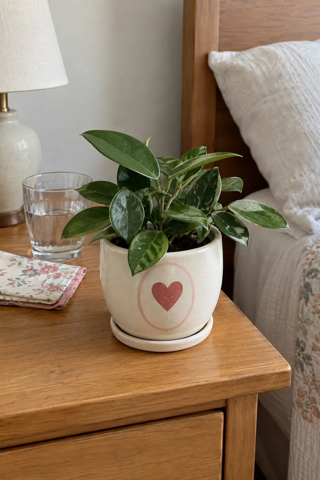 A warm white ceramic pot with a dusty red heart inside a pale oval painted medallion, holding a small compact hoya