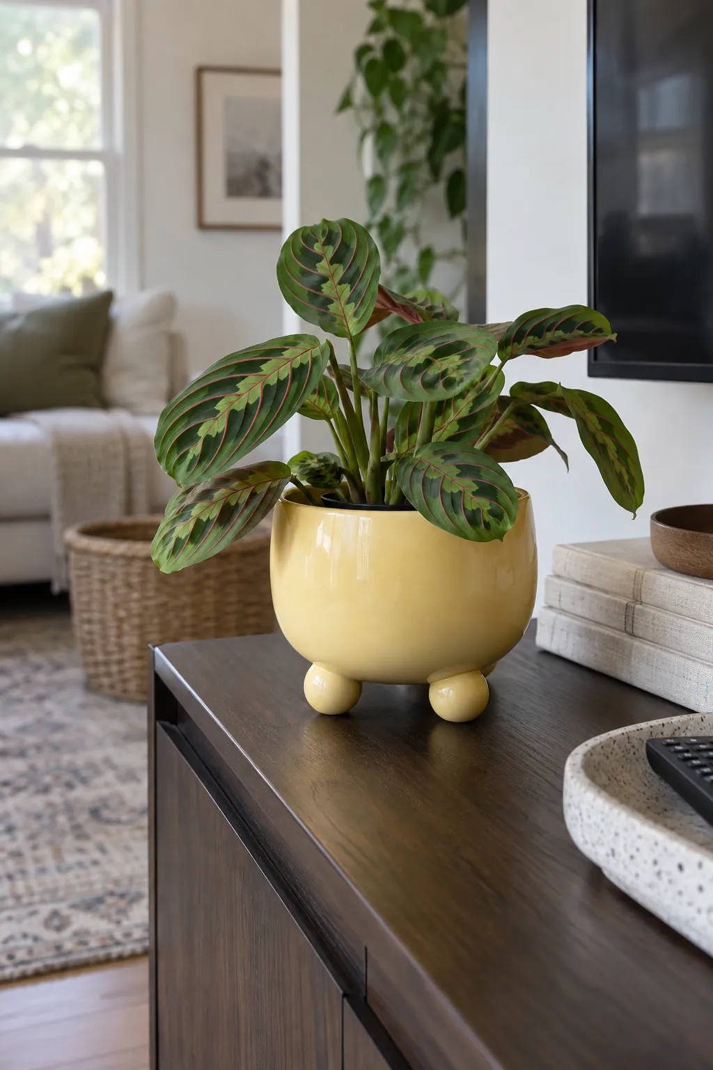 A butter yellow ceramic planter supported by three integral rounded bead shaped feet, with a small maranta