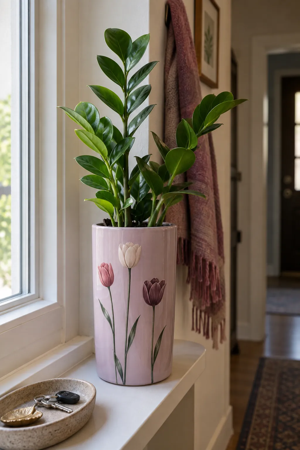 A slender pale mauve planter with hand painted tall tulips on fine green stems, holding a small upright ZZ plant
