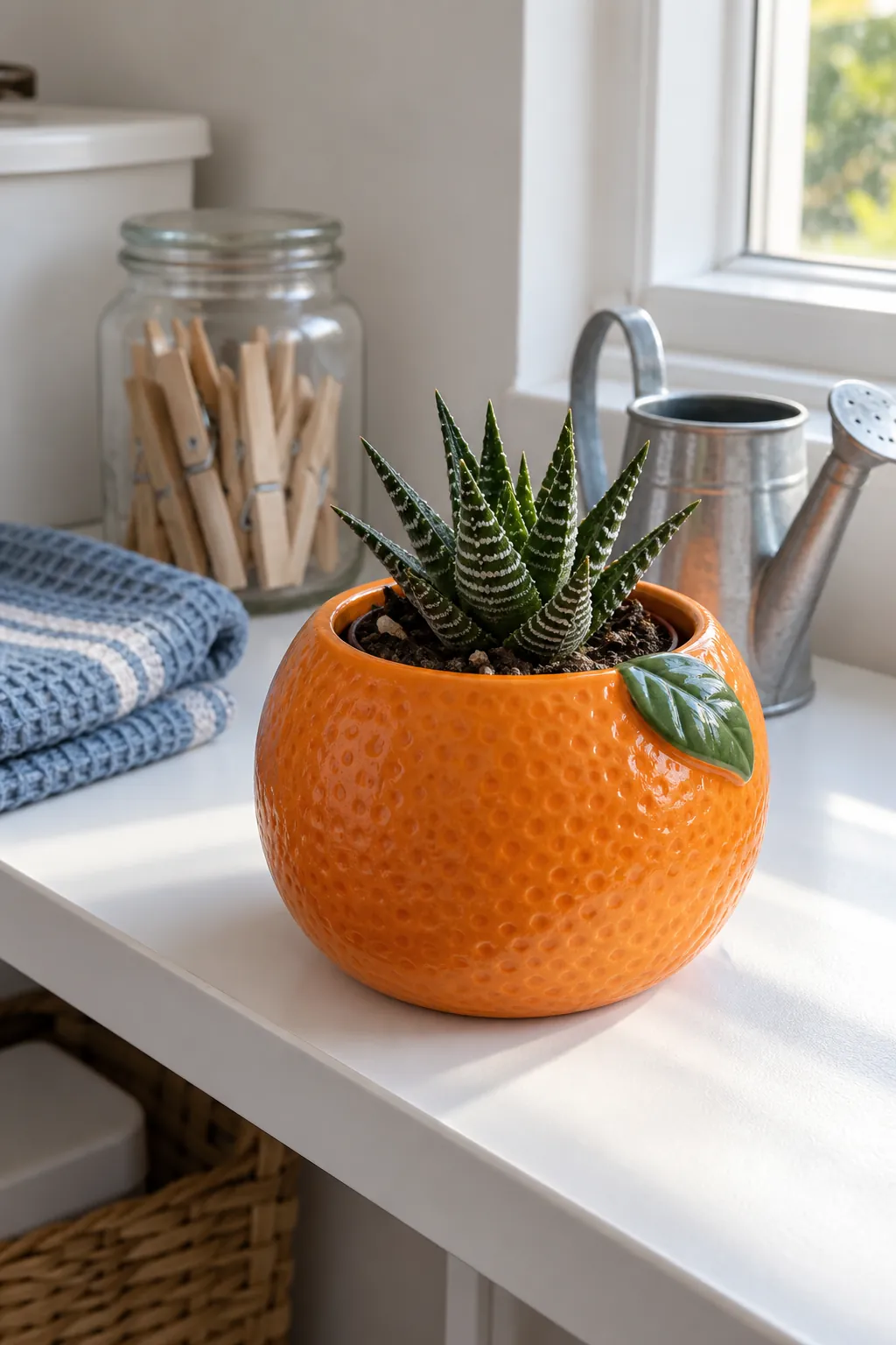 A rounded orange ceramic cachepot with shallow citrus peel dimples and one small green leaf relief beside the opening, containing a young haworthia