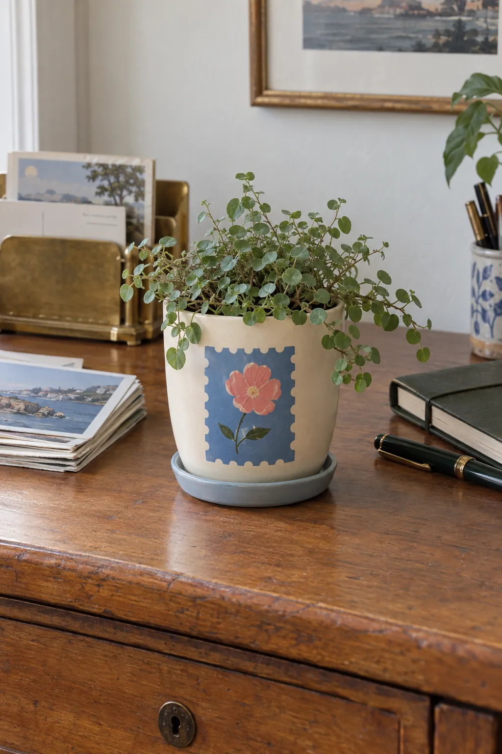 A cream pot with a single painted postage stamp shaped scalloped blue rectangle enclosing one coral flower, holding a small pilea glauca