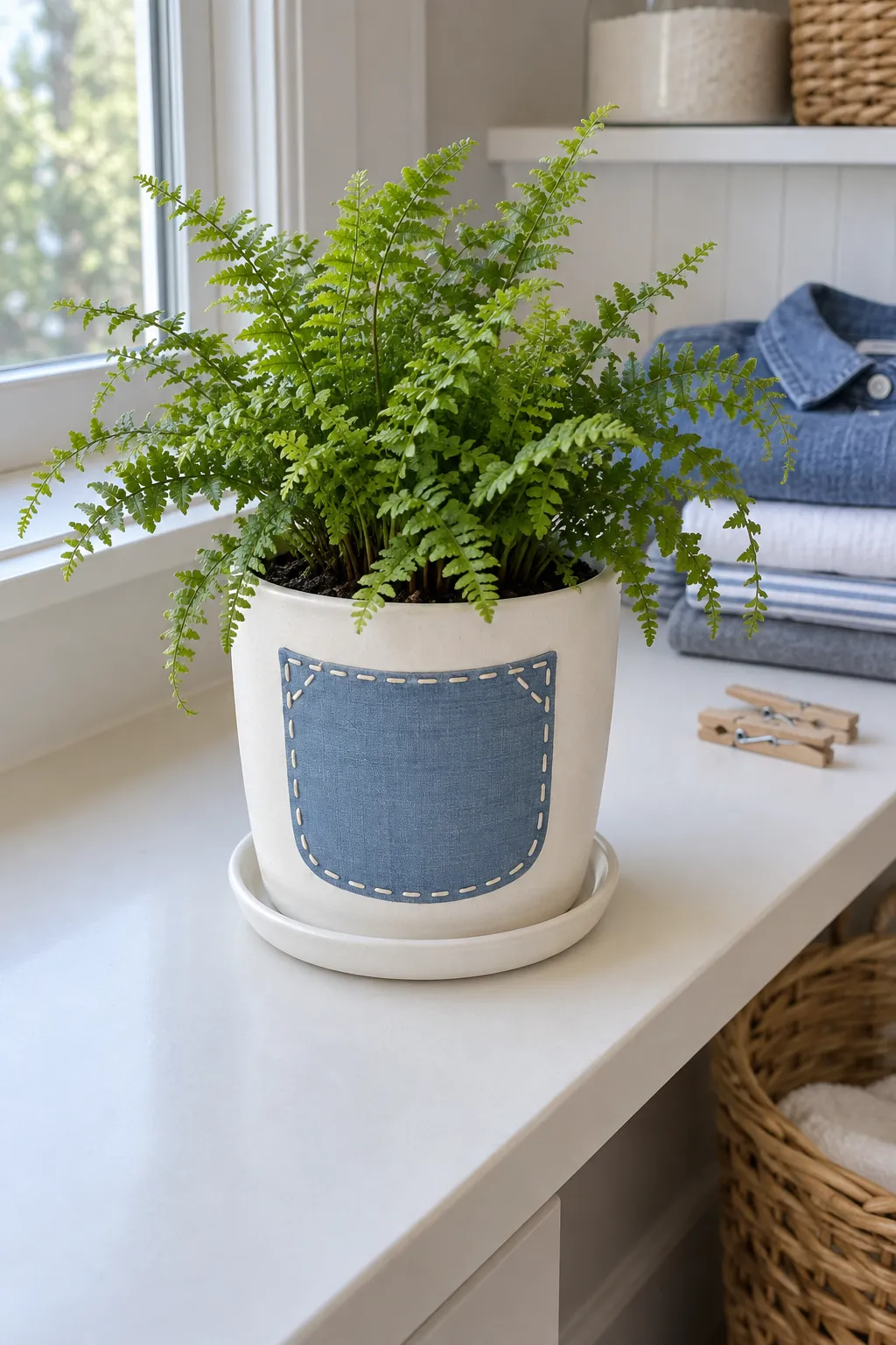 A white pot painted with a pale denim blue pocket outline and short cream stitch marks, with a compact fern