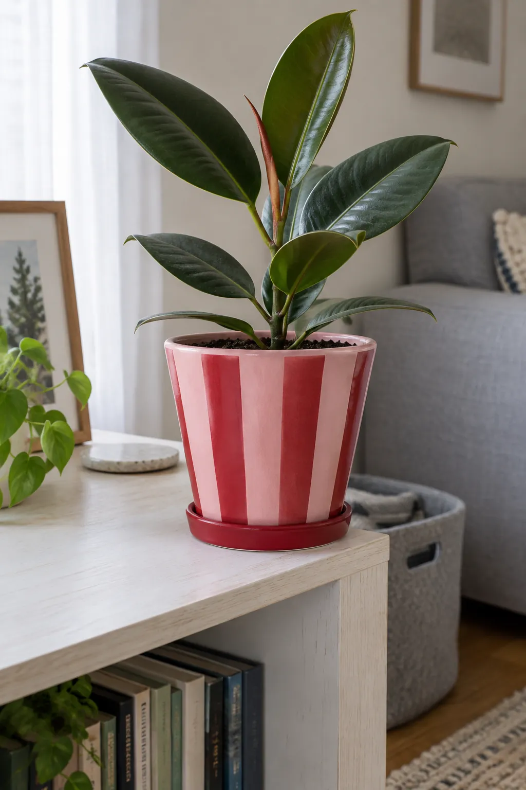 A tapered ceramic pot painted in broad dusty pink and deep red vertical candy stripes, containing a small rubber plant