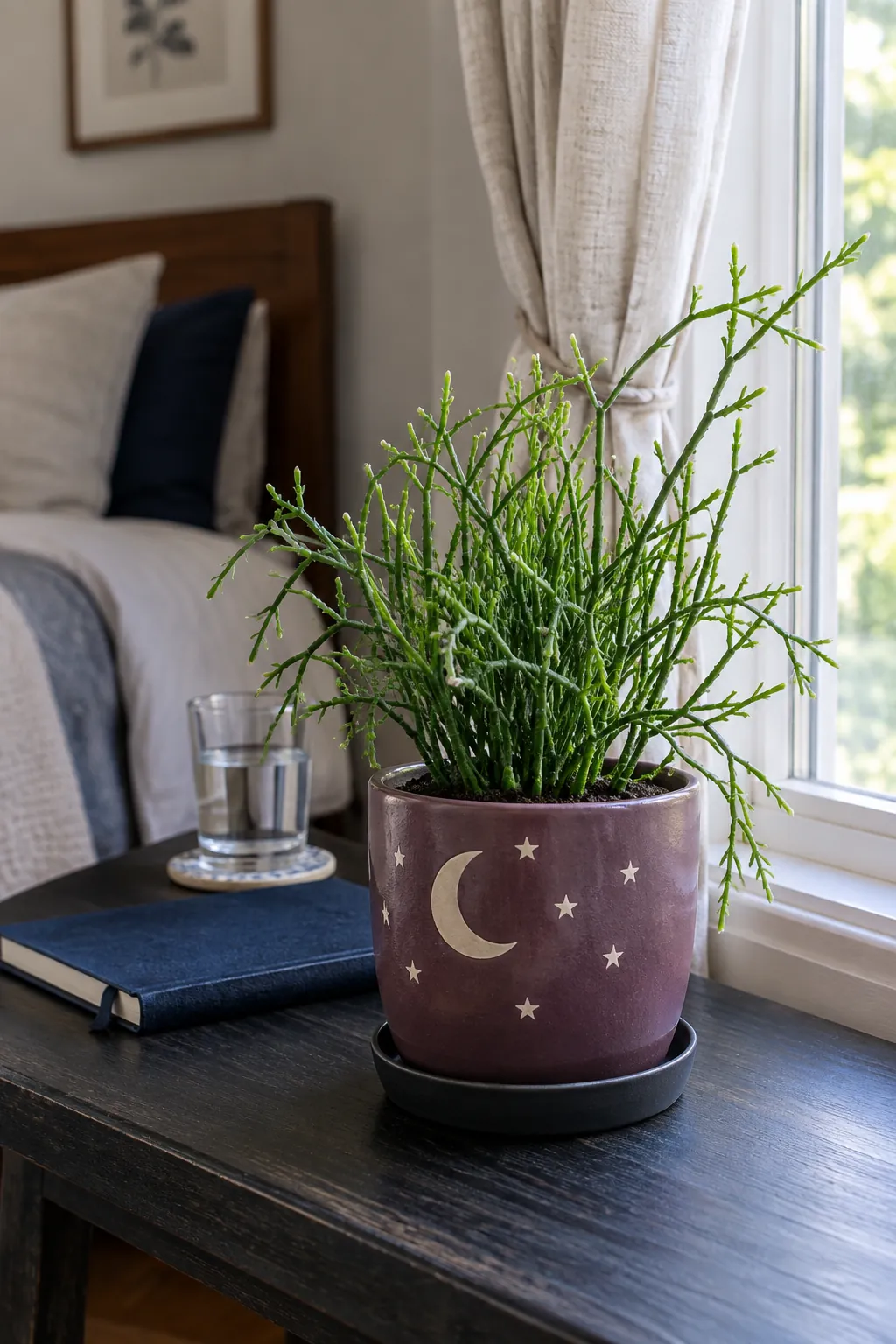A muted plum planter painted with one pale crescent and a handful of tiny ivory star marks, holding an upright rhipsalis
