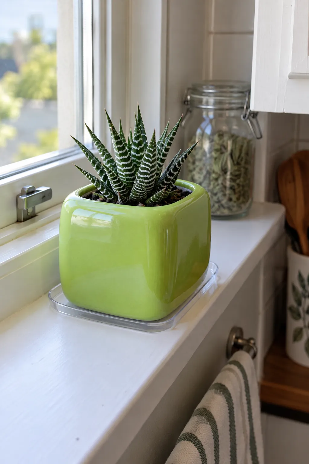An apple green rounded cube ceramic planter with broad flat sides and softly curved corners, planted with a small zebra haworthia
