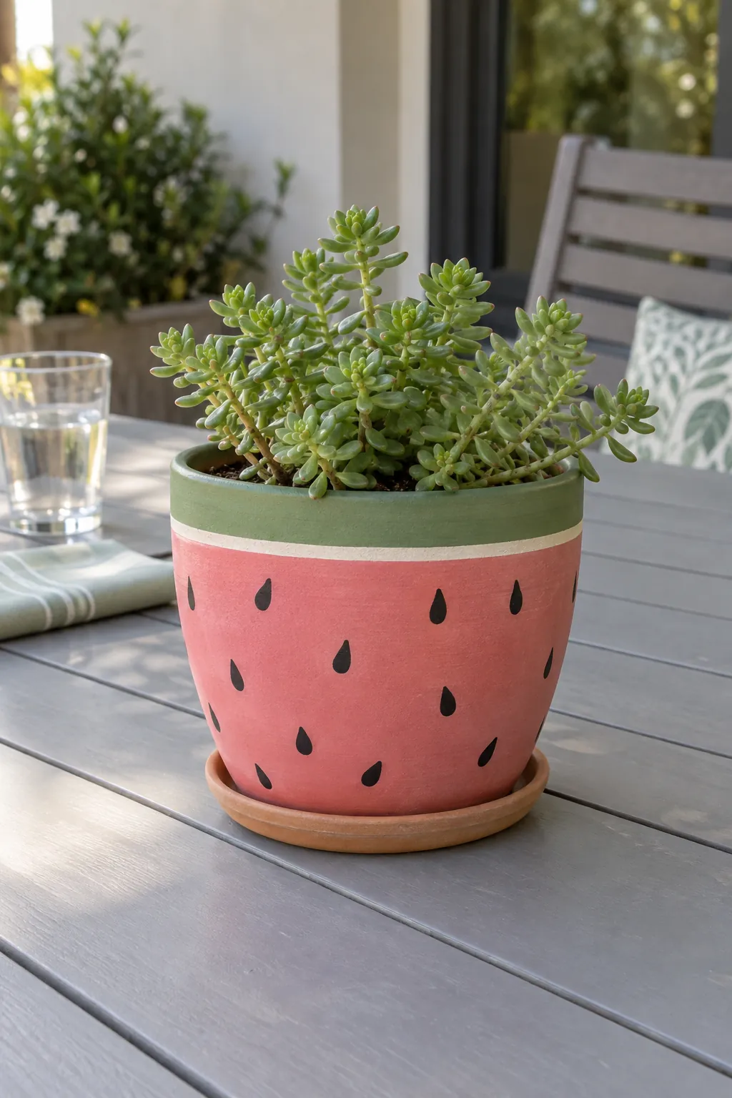A dusty watermelon pink pot with a green rim and scattered black painted seed shapes, containing a small sedum