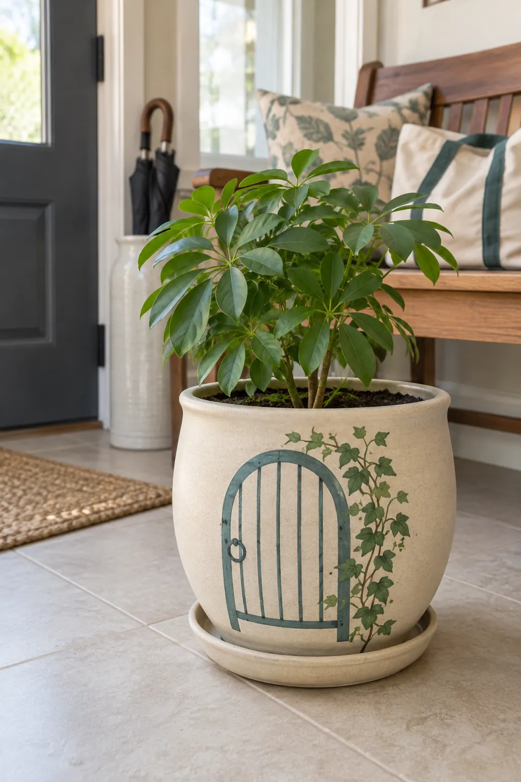 A larger pale sand ceramic planter painted with an arched teal garden gate and a climbing green vine along one side, holding a compact umbrella plant