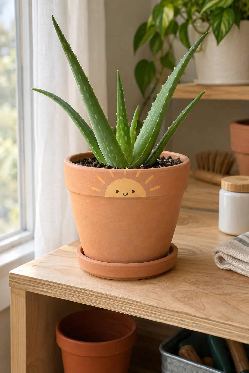 A muted apricot terracotta pot with a small half sun face peeking just below the front rim, holding a young aloe
