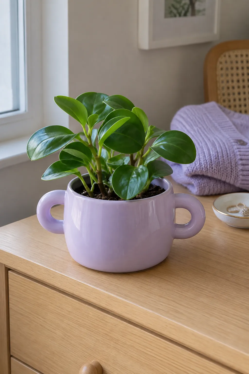 A lilac ceramic planter with two thick rounded loop handles and a small green peperomia obtusifolia