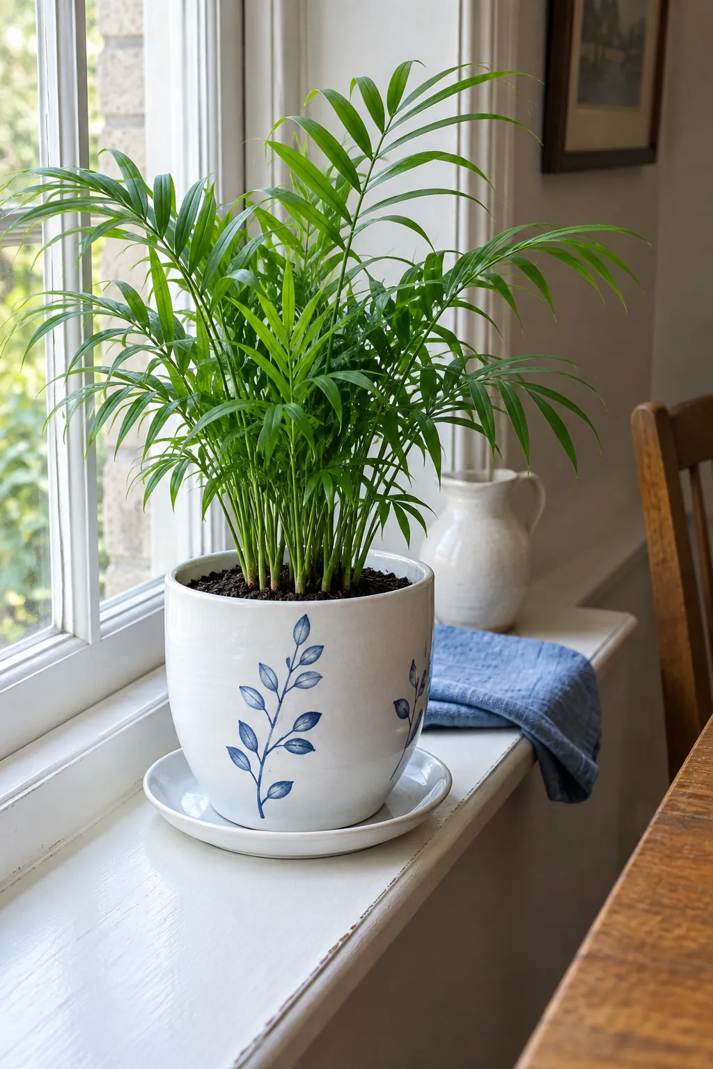 A white glazed pot decorated with a few delicate cobalt botanical sprigs, containing a compact parlor palm
