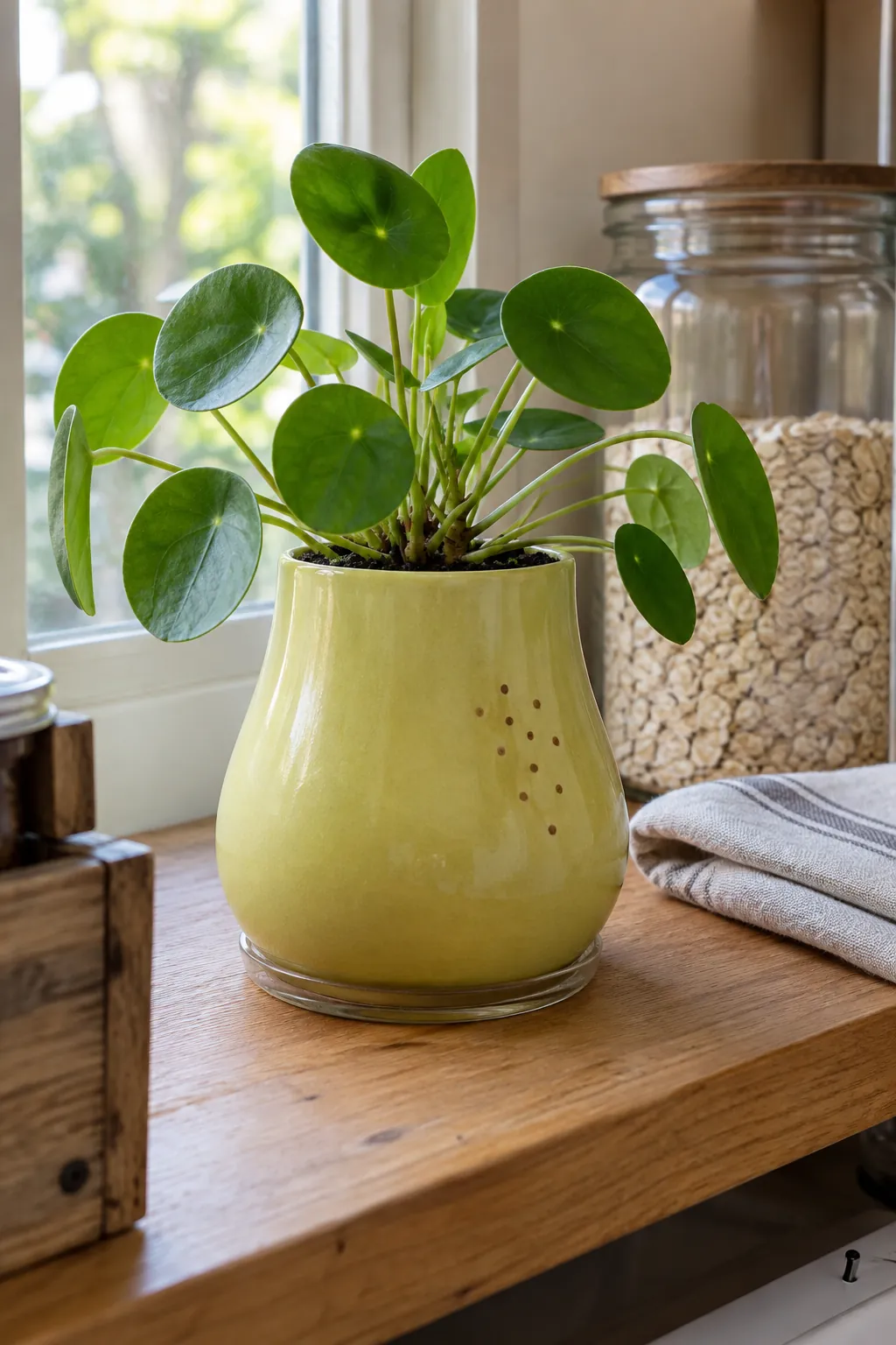 A softly pear shaped chartreuse cachepot with a small cluster of brown painted freckles on one front cheek, holding a young compact pilea