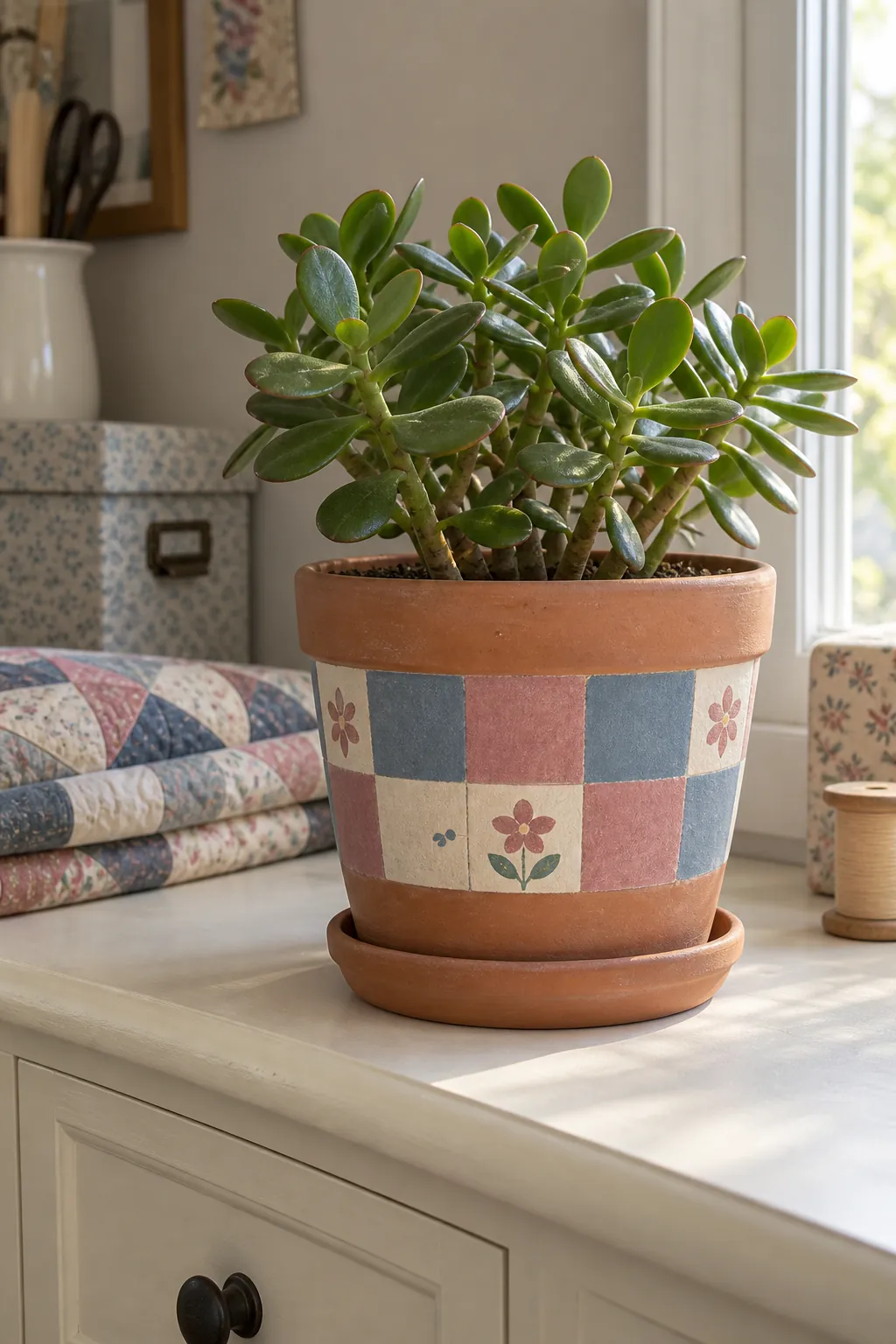 A terracotta pot with one broad painted quilt patchwork band in dusty blue, rose and cream, containing a compact jade