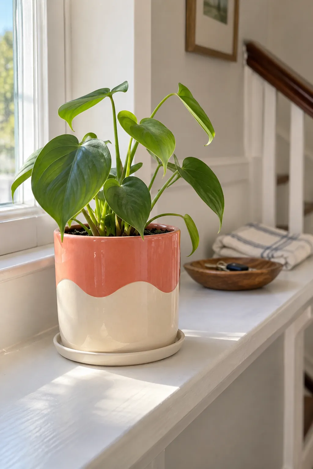 A cream ceramic cylinder with a broad coral painted upper band ending in a slow wavy edge, holding a small upright philodendron