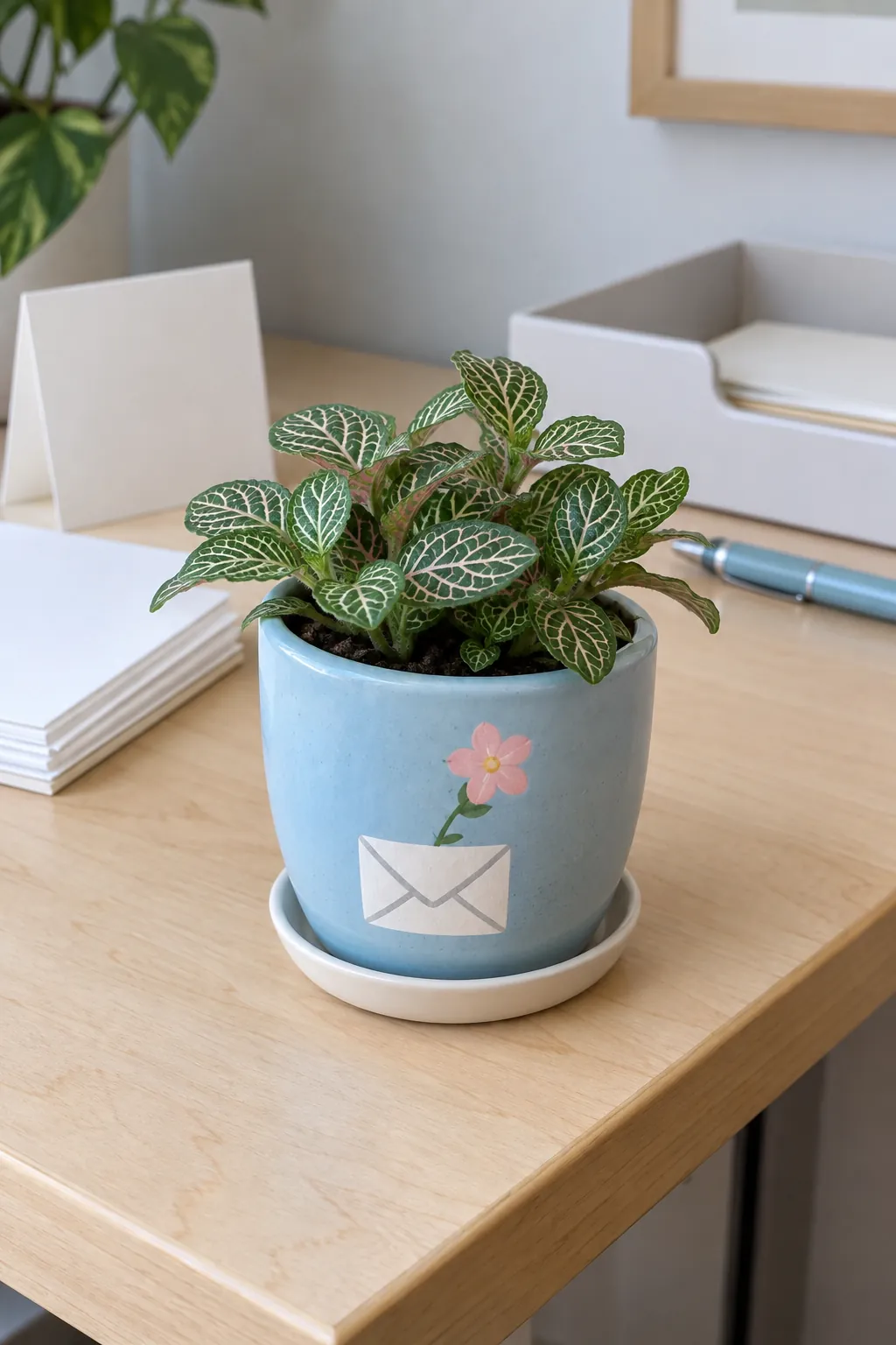 A pale blue planter with one painted white envelope and a fine stem carrying a pink flower above it, planted with a compact fittonia