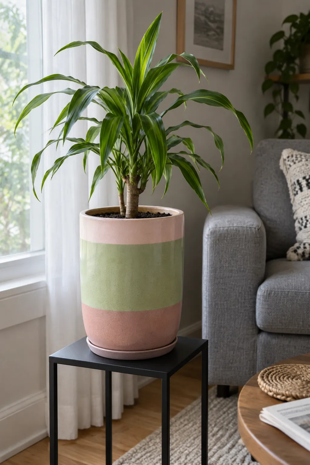 A tall ceramic planter with broad pistachio and dusty pink stacked horizontal bands, containing a small dracaena