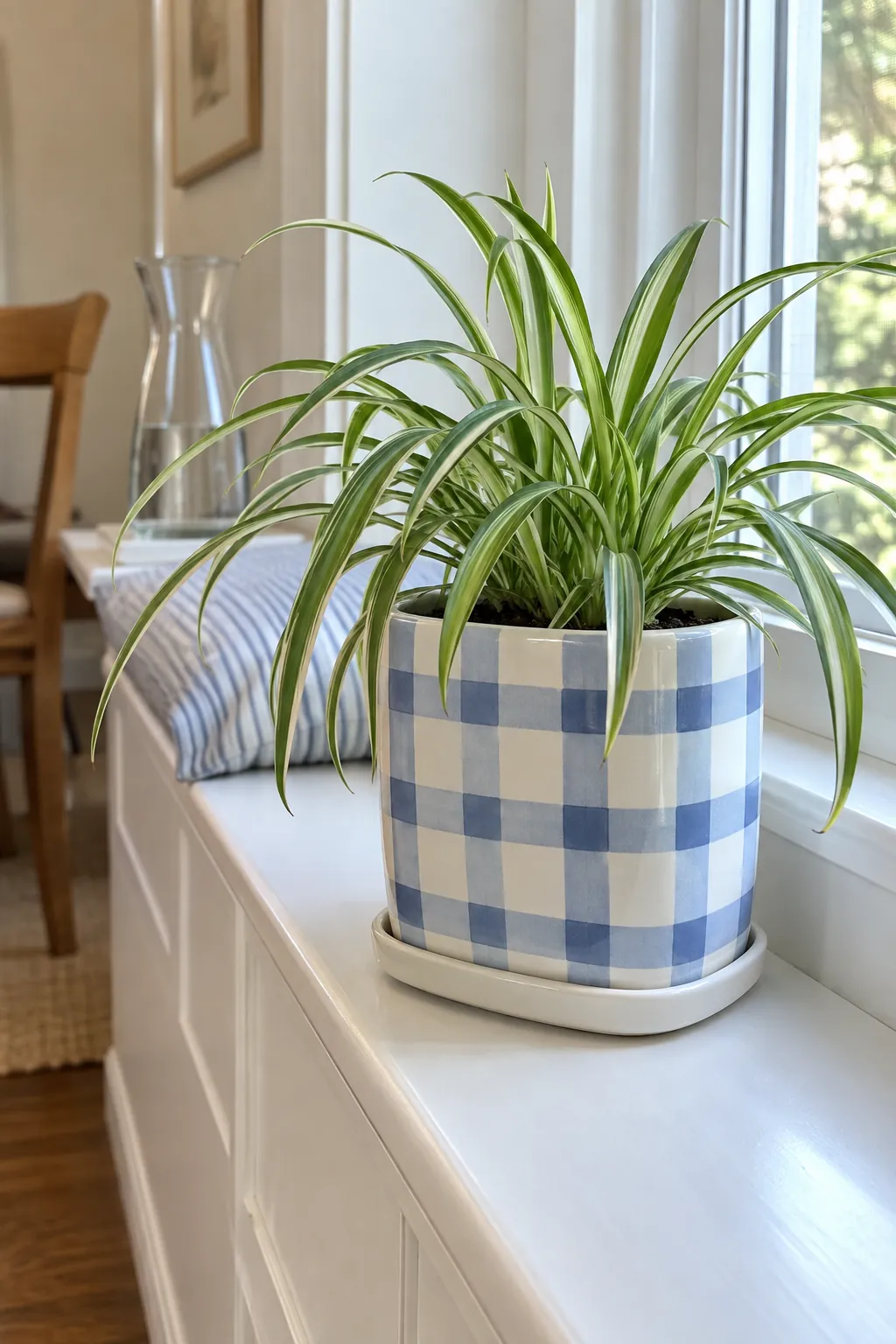 A softly squared white cachepot painted with pale blue gingham bands and deeper blue intersections, holding a small spider plant