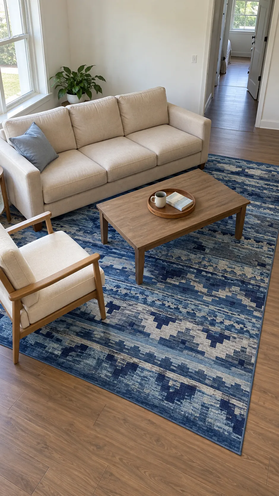 Large blue geometric rug beneath beige living room seating