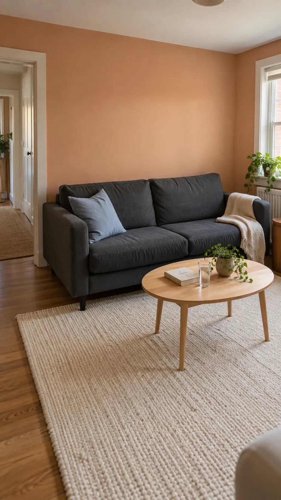 Charcoal sofa balanced by apricot walls and a cream rug