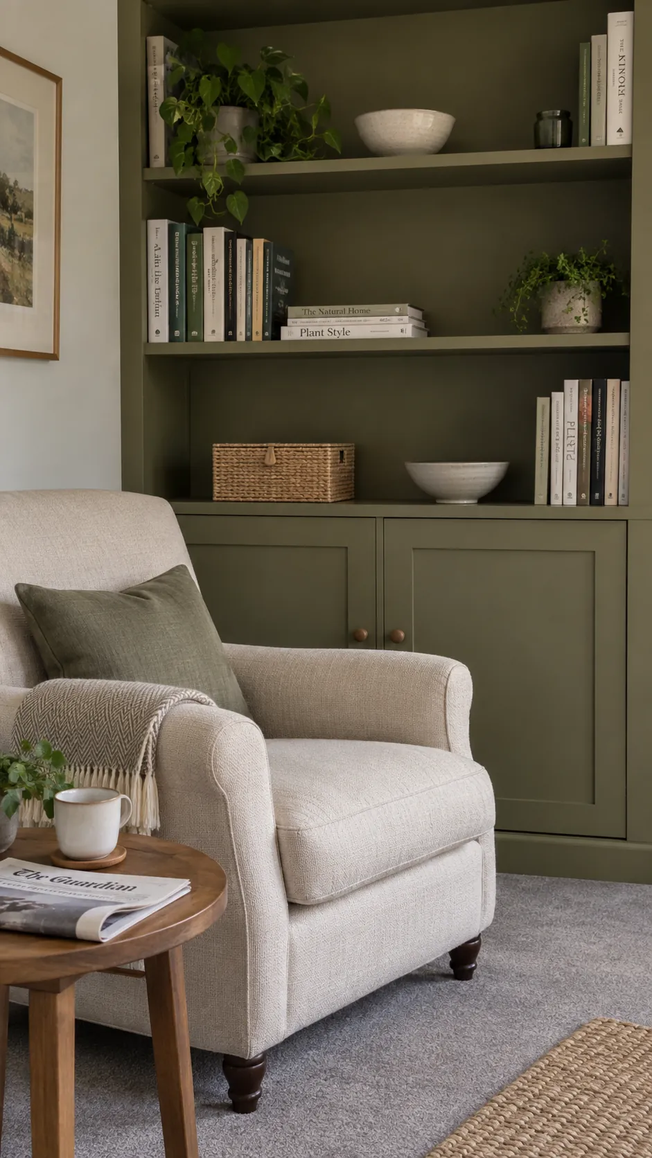 Olive built-in shelves behind a pale oatmeal living room armchair