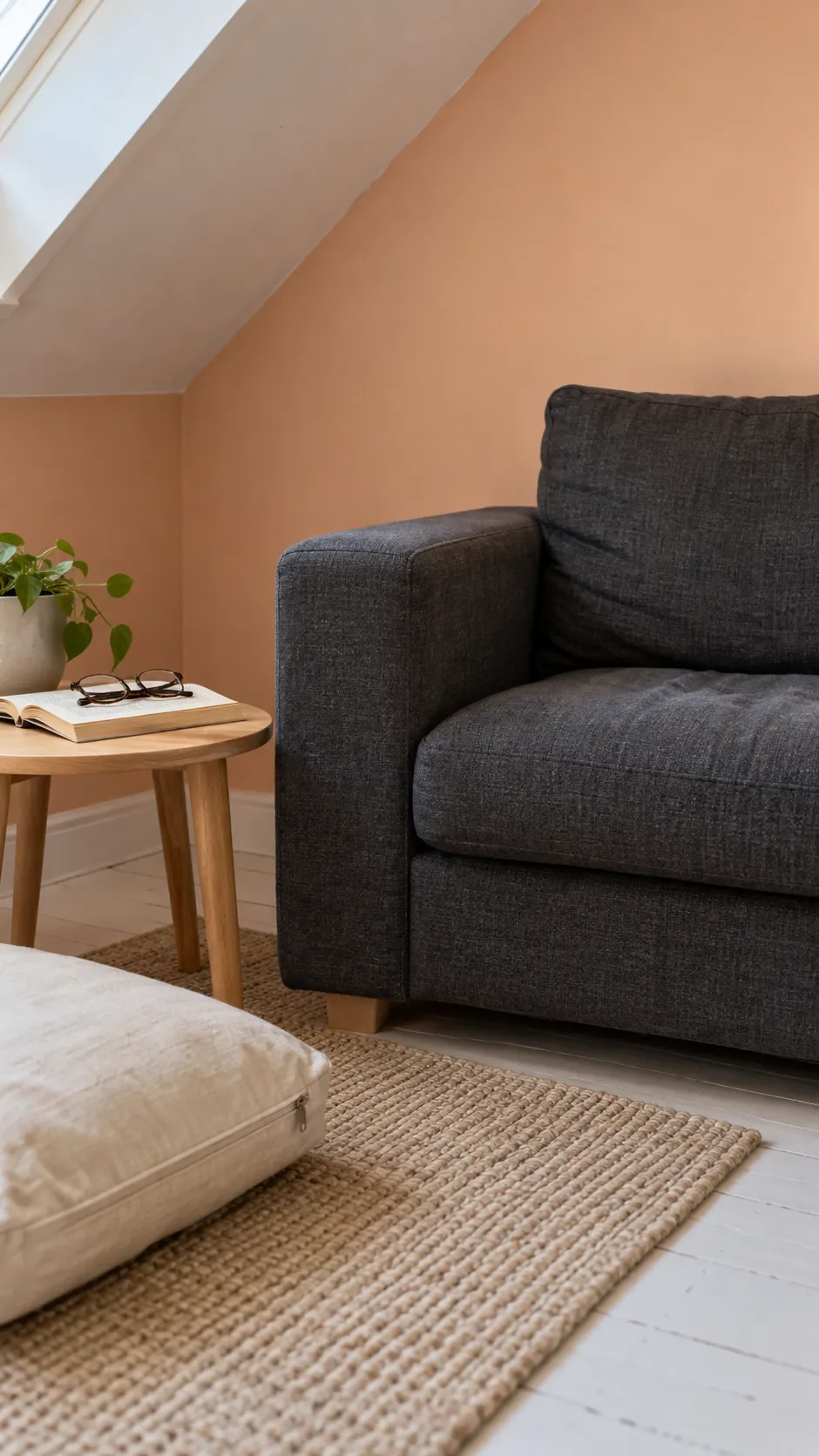 Charcoal sofa against soft apricot walls in a compact attic lounge