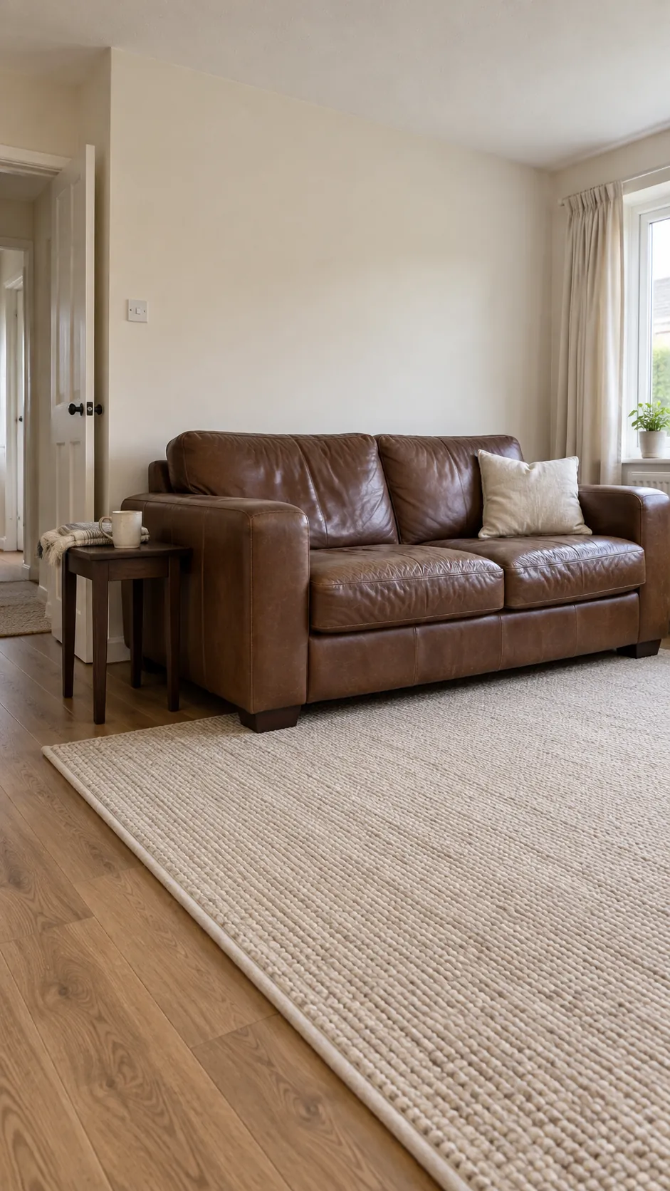 Brown leather sofa balanced by cream walls and a pale woven rug