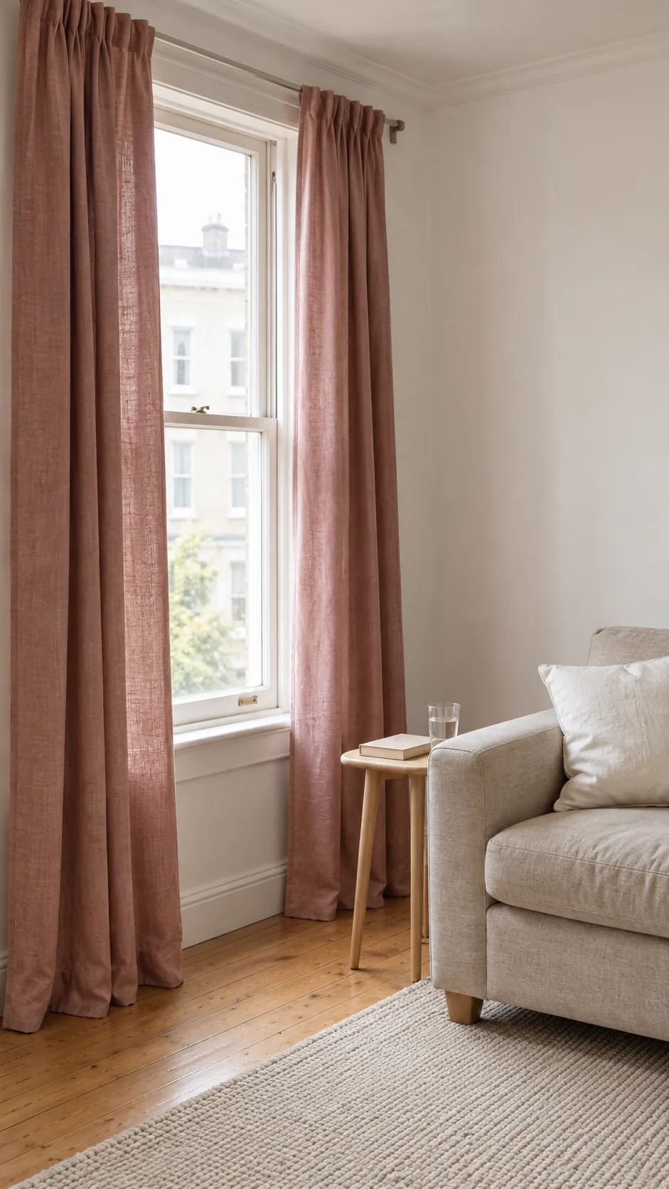 Dusty rose curtains beside a neutral sofa in a white living room