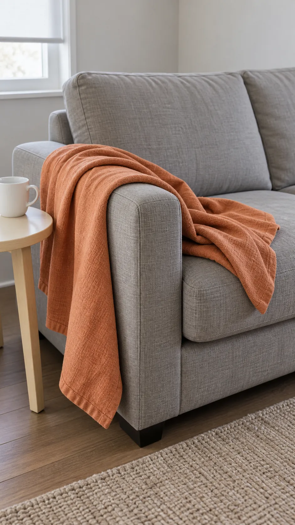 Muted orange cotton throw draped over a stone gray sofa