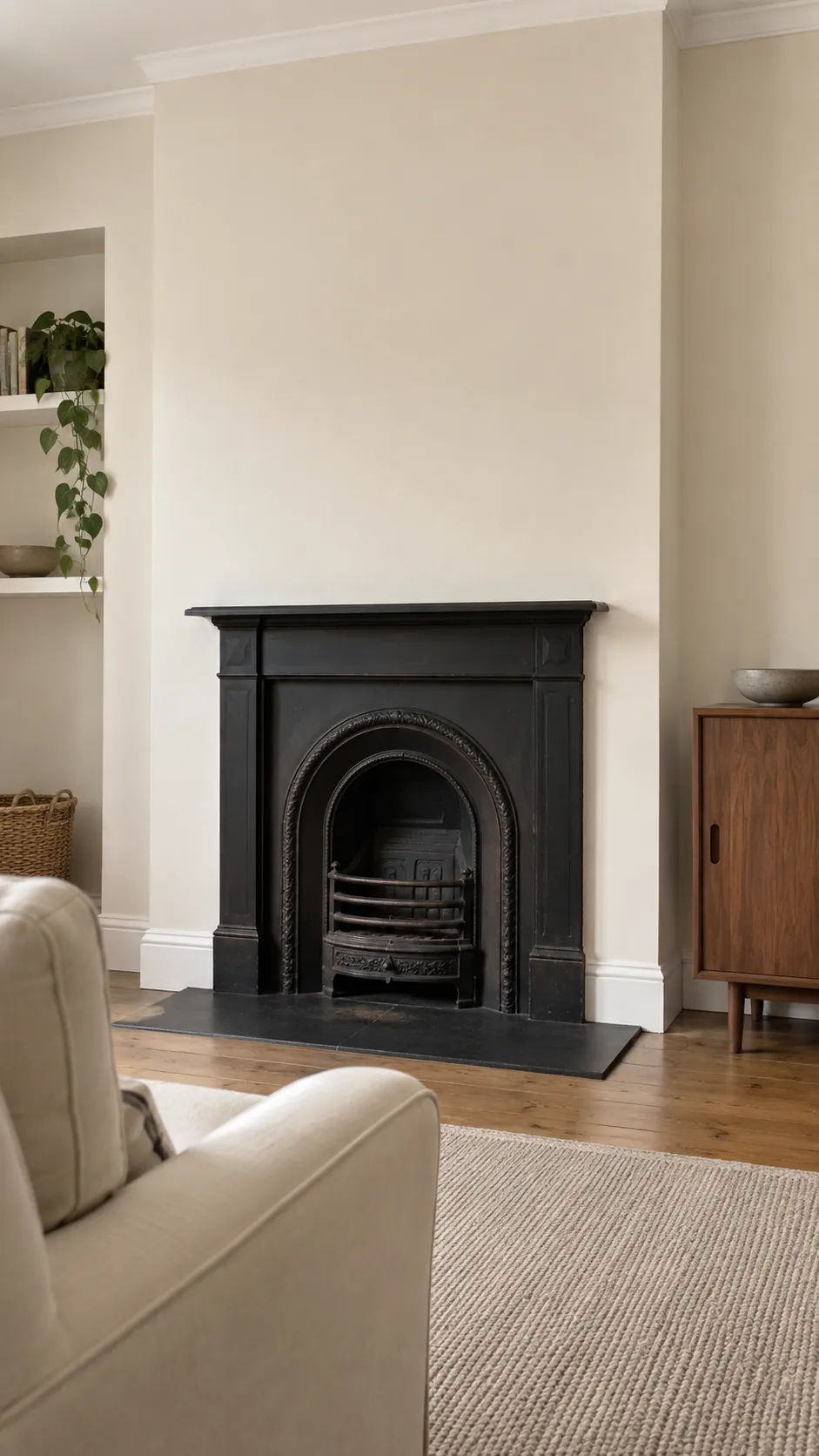 Black cast iron fireplace against warm white living room walls