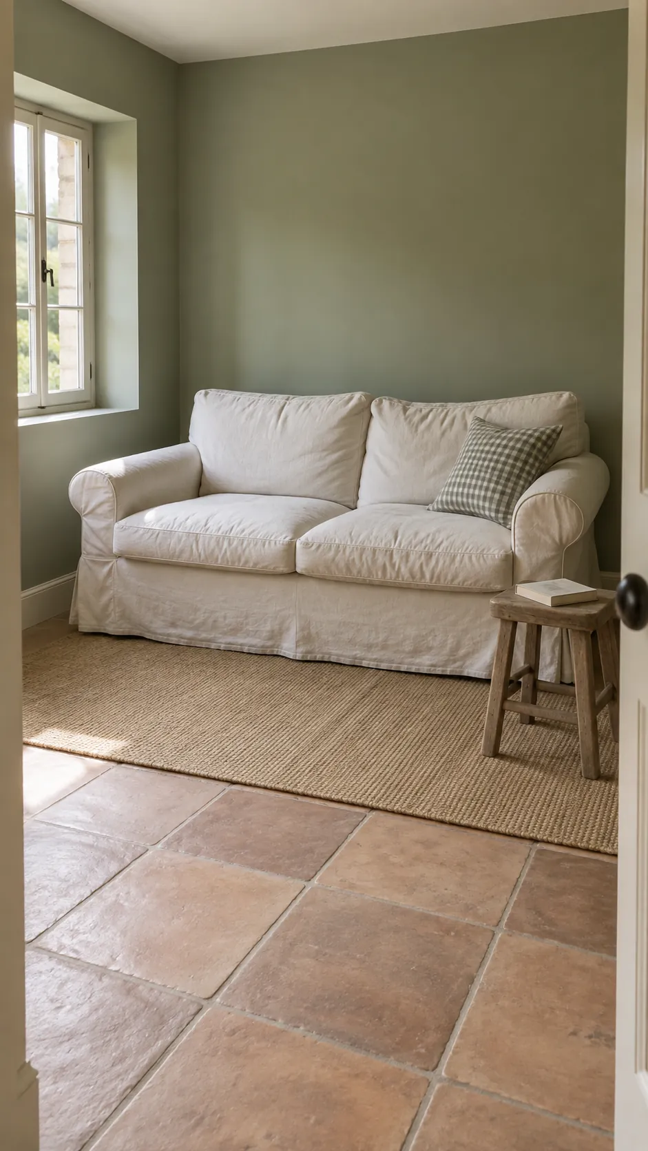 Off white linen loveseat against sage walls above pale terracotta tiles