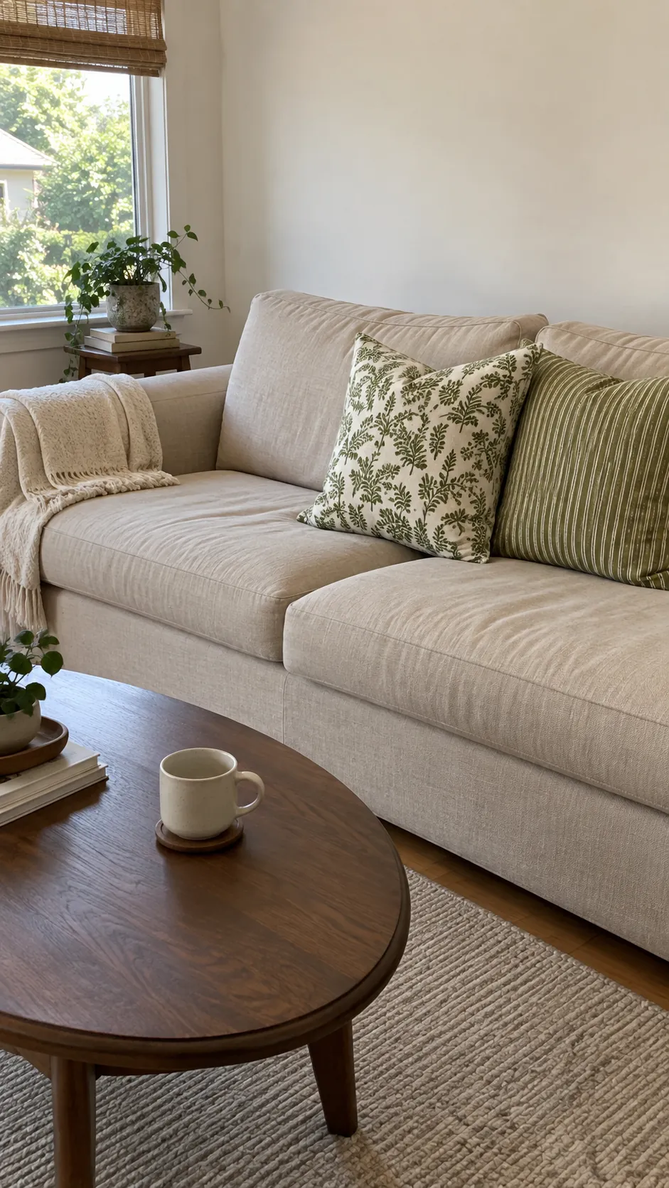 Green botanical and striped cushions on a sand linen sofa