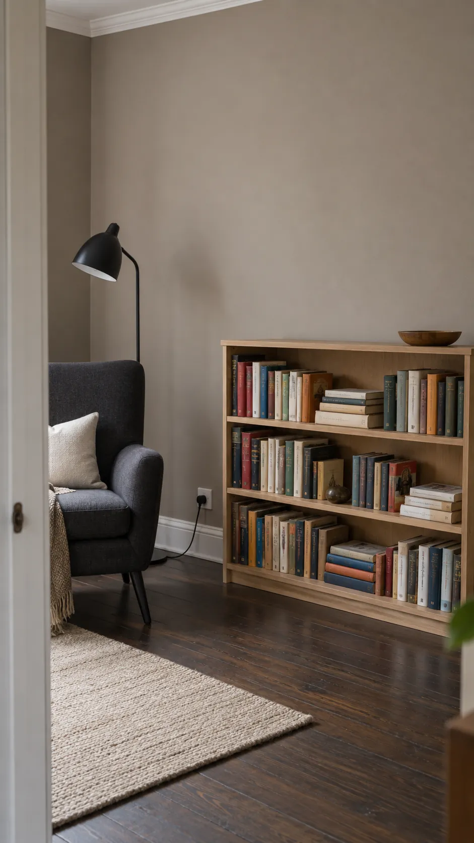 Colorful books in an ash bookcase against a quiet taupe living room wall