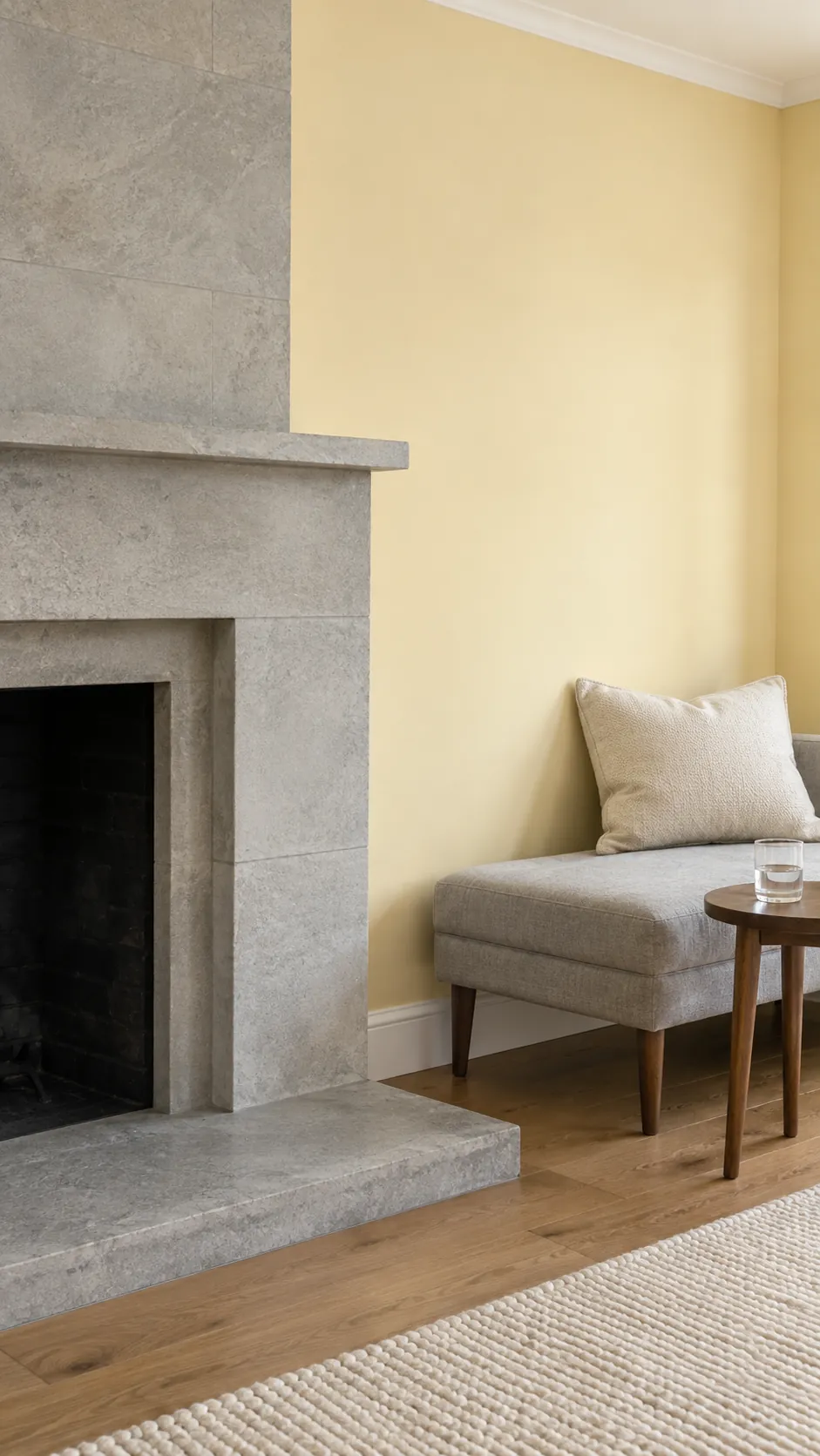Pale yellow wall balancing a cool gray limestone living room fireplace