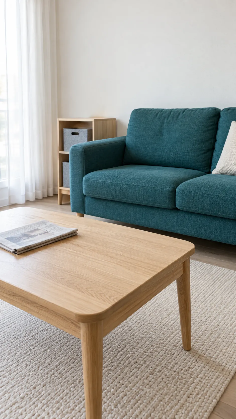Teal sofa paired with a pale oak coffee table in a bright living room