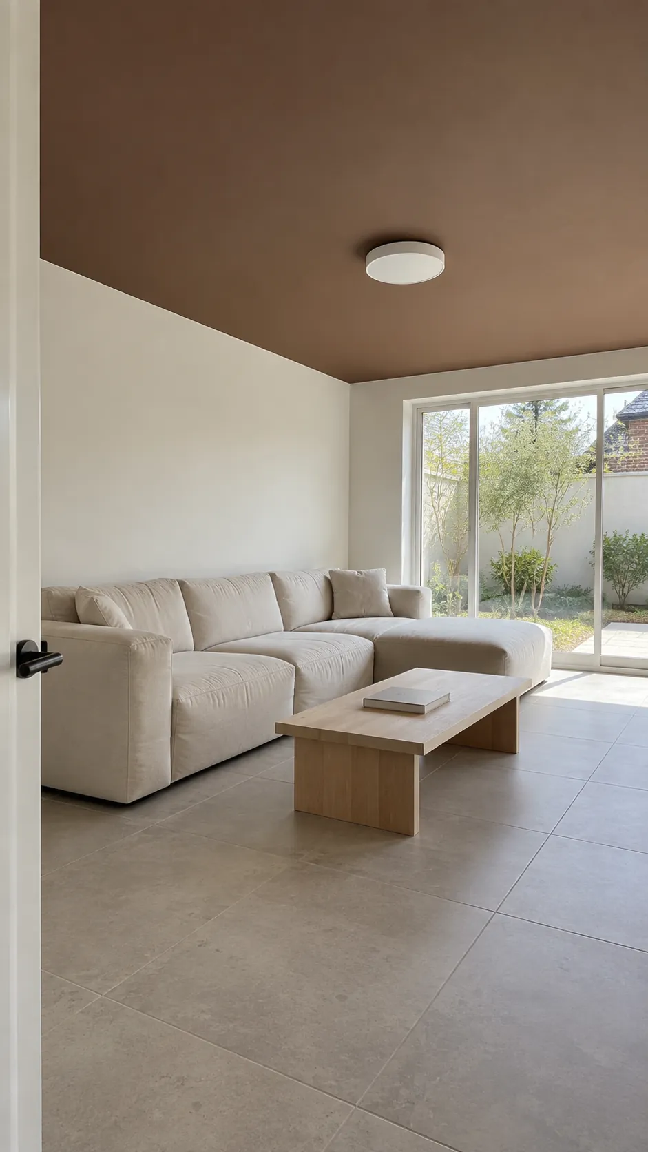 Cocoa brown painted ceiling above pale walls and cream living room seating