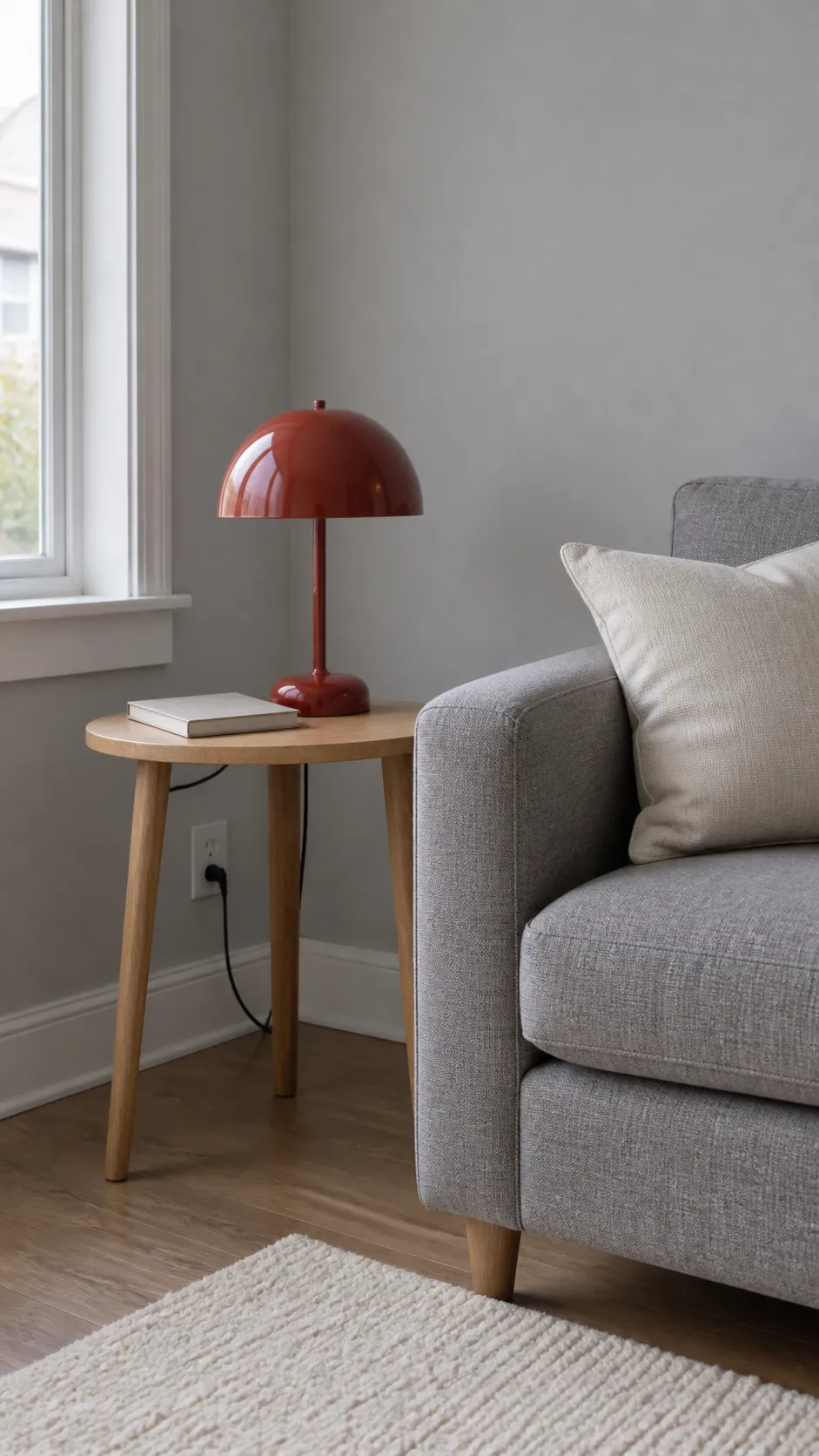 One red enamel lamp adding color beside a soft gray sofa