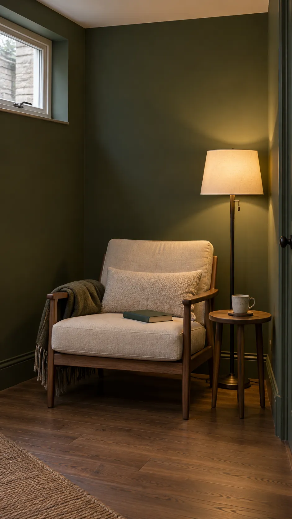 Moss green living room corner with a cream chair and reading lamp