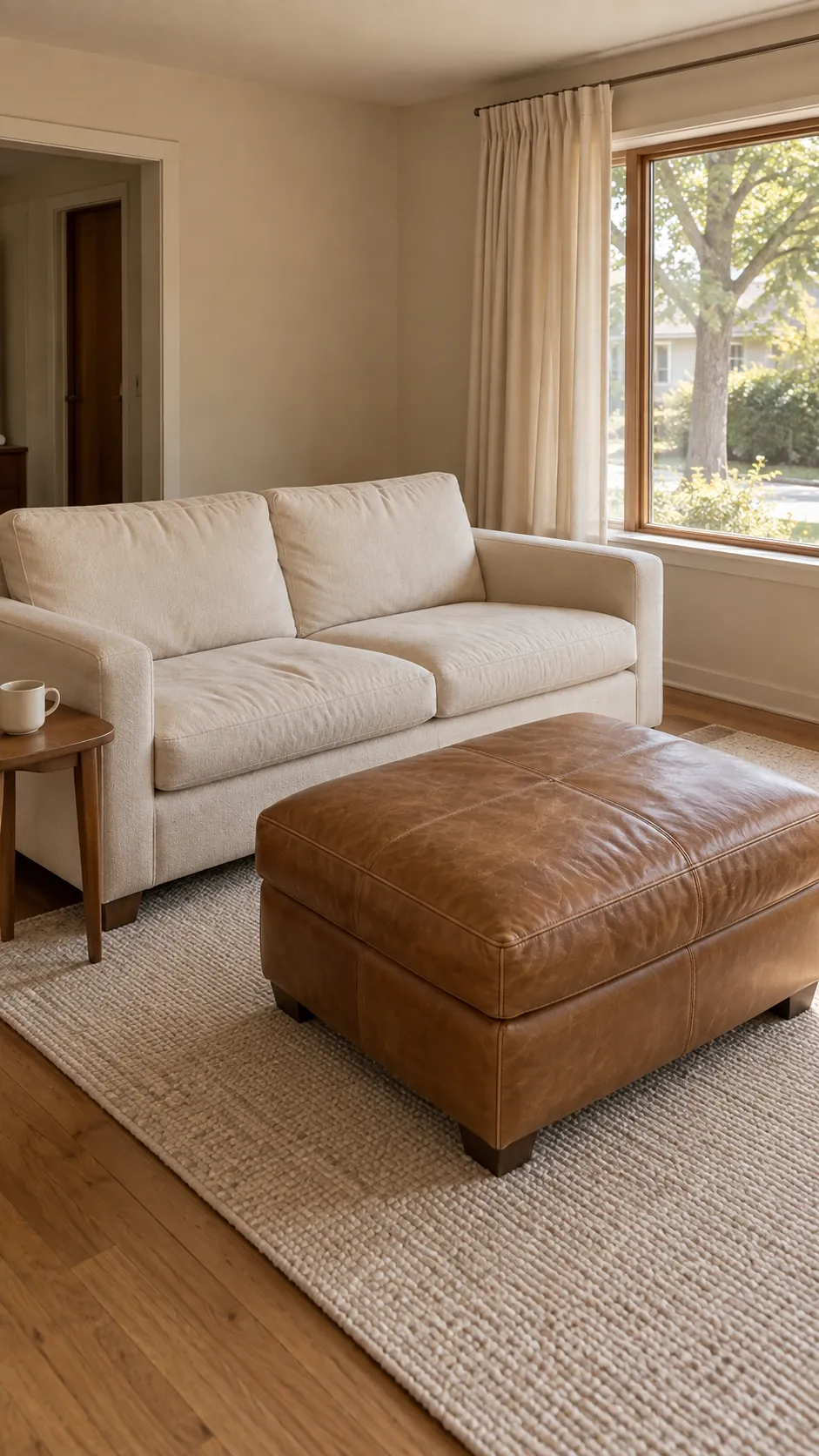 Cream sofa and caramel leather ottoman in a restrained neutral living room