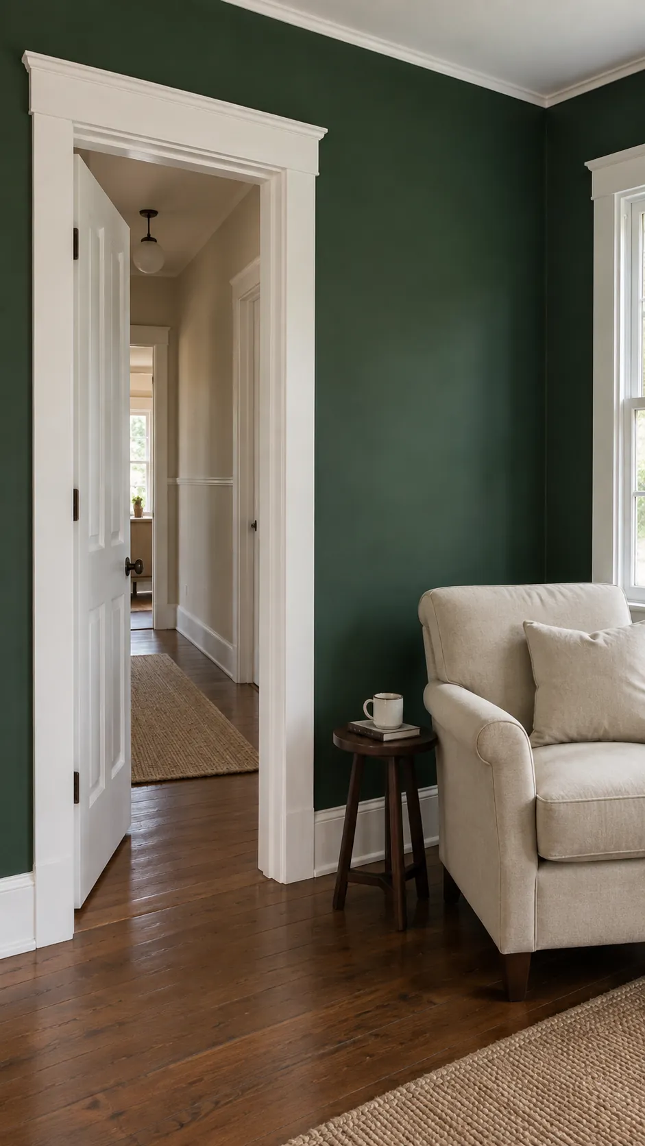 White doorway and skirting defining deep green living room walls