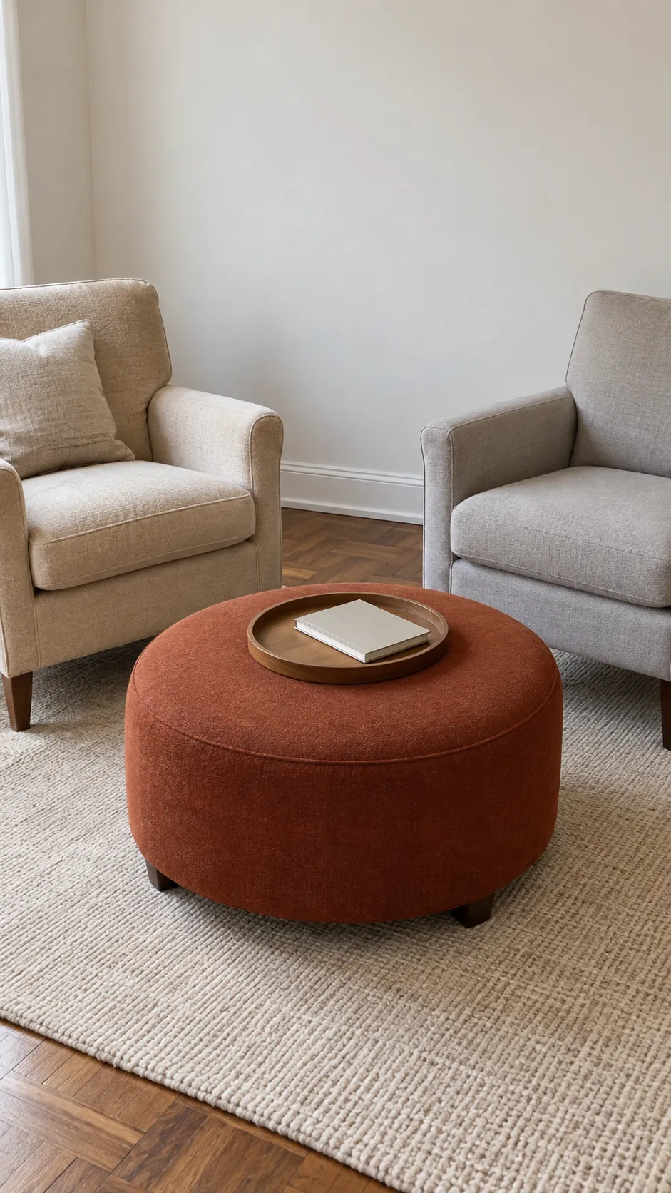 Round rust ottoman connecting two neutral living room armchairs