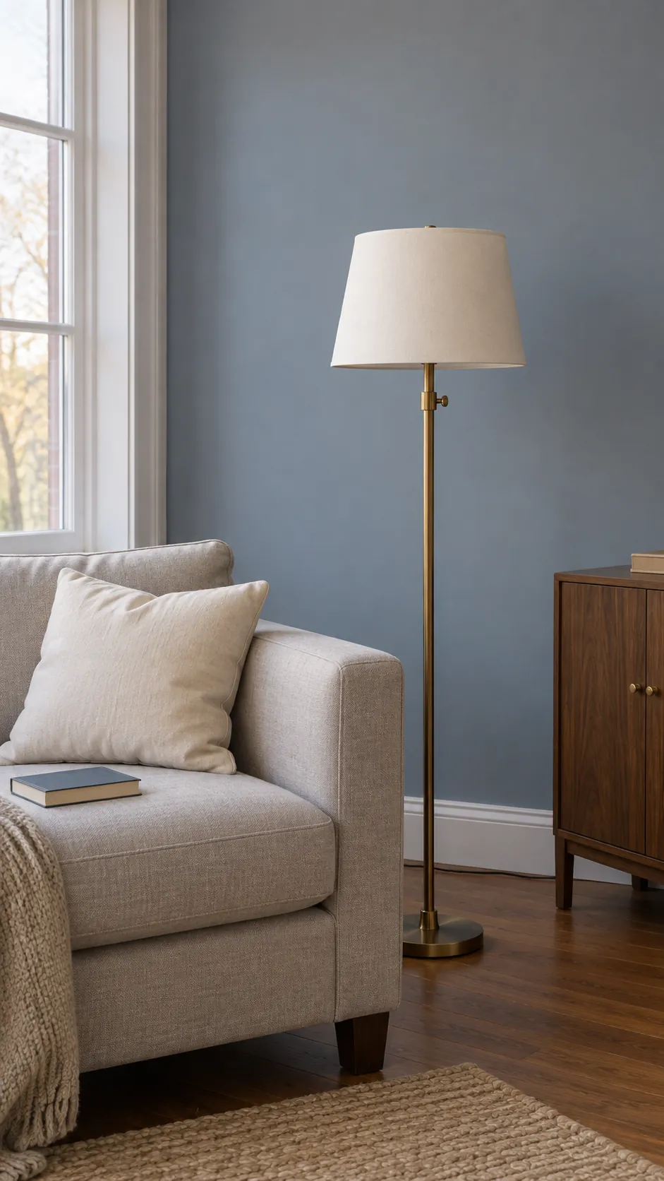 Aged brass lamp and cabinet pulls warming a blue gray living room