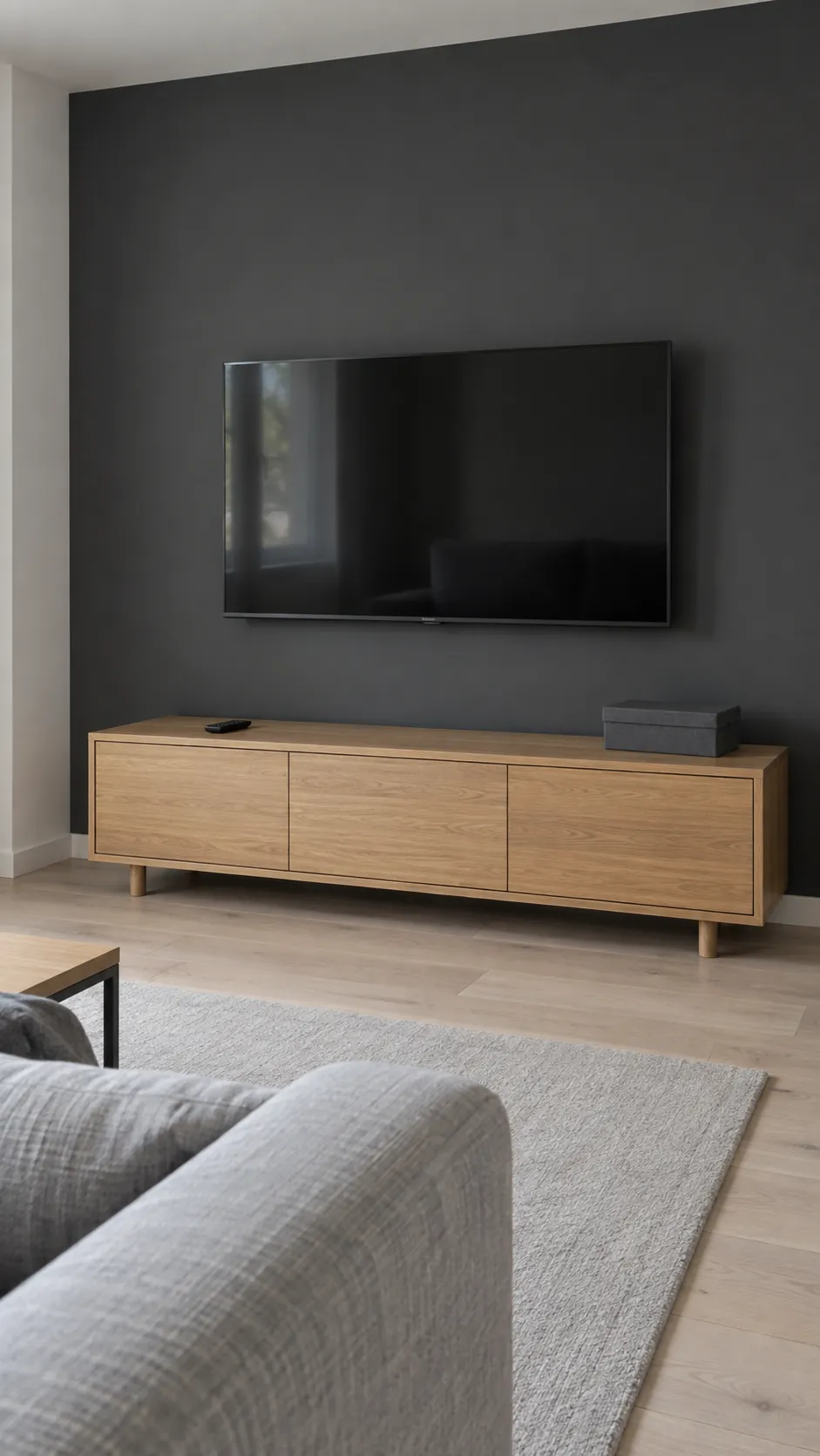 Inactive television blending into a charcoal wall above an oak media cabinet