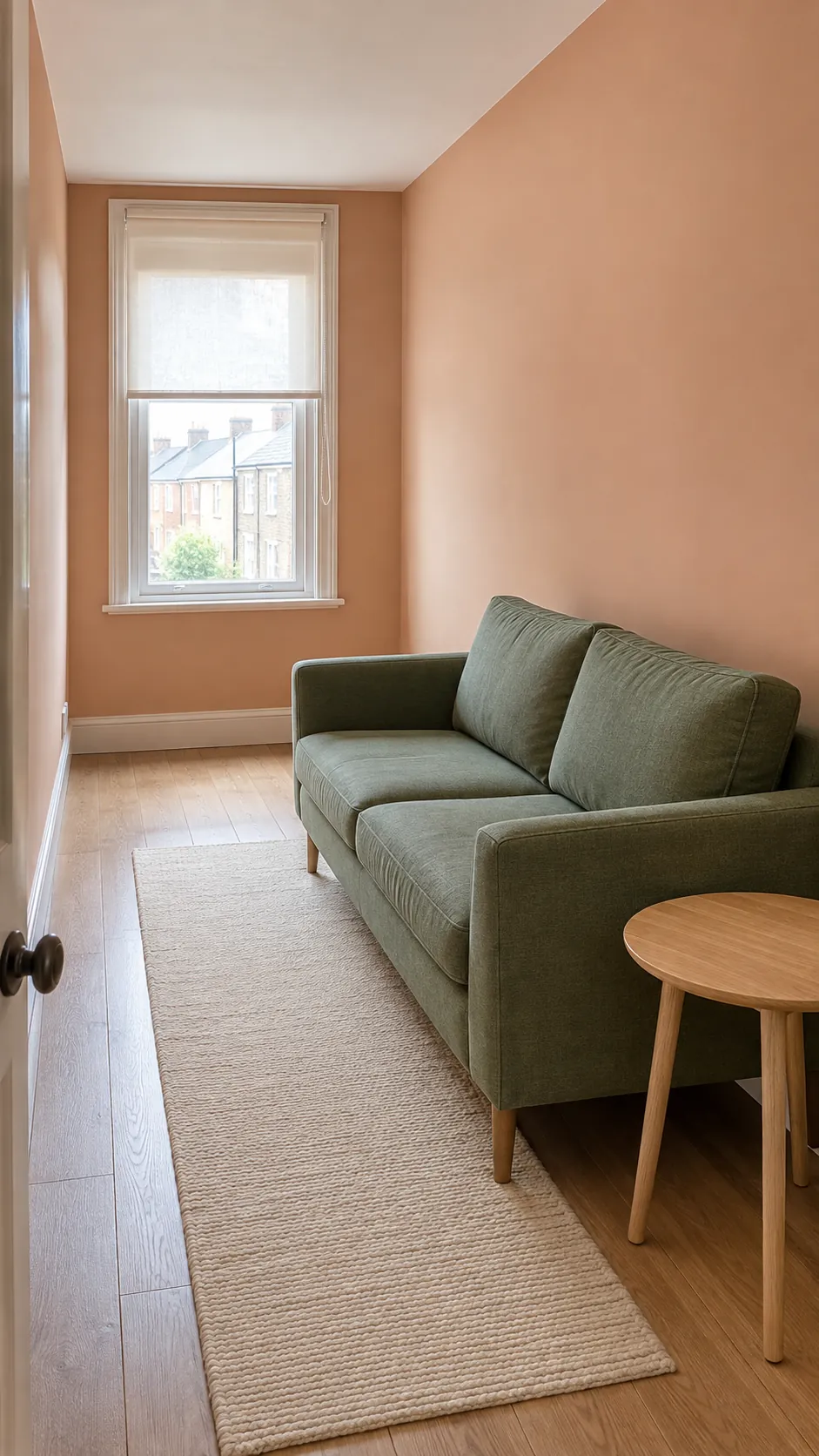 Compact green sofa beside peach walls in a narrow living room