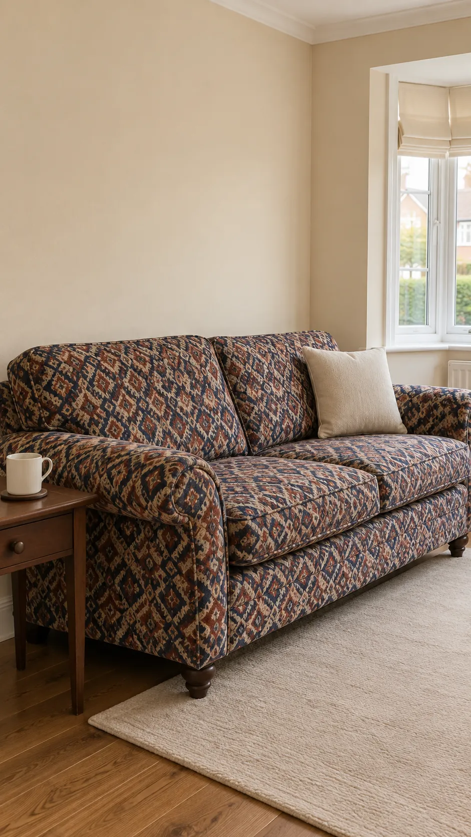 Patterned indigo and rust sofa against pale parchment living room walls