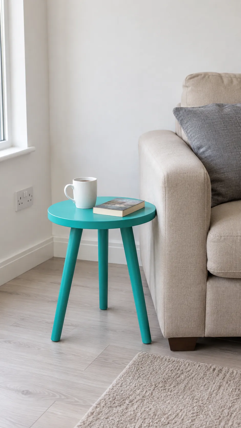 Small turquoise side table adding color to a neutral rental living room