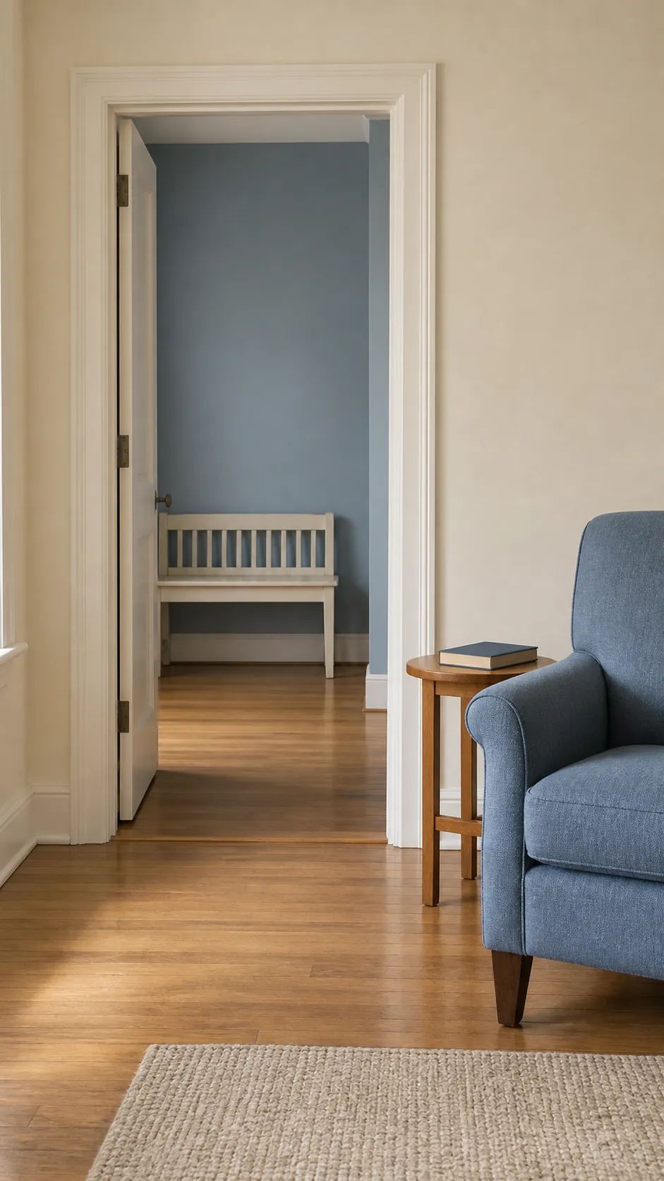 Blue and cream colors repeated between a living room and adjoining hall