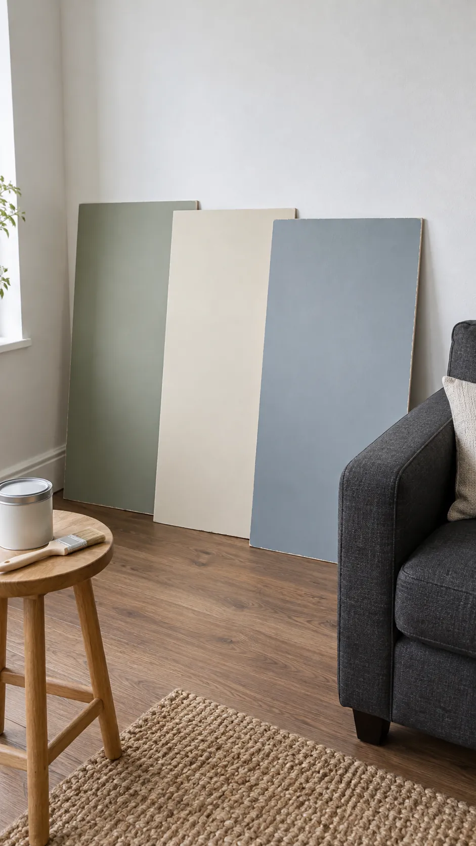 Large paint sample boards compared beside a charcoal living room sofa