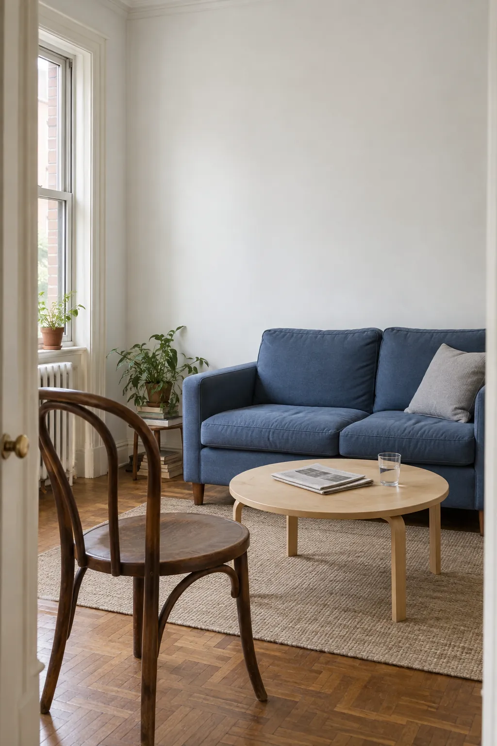 Chalk white walls around varied furniture