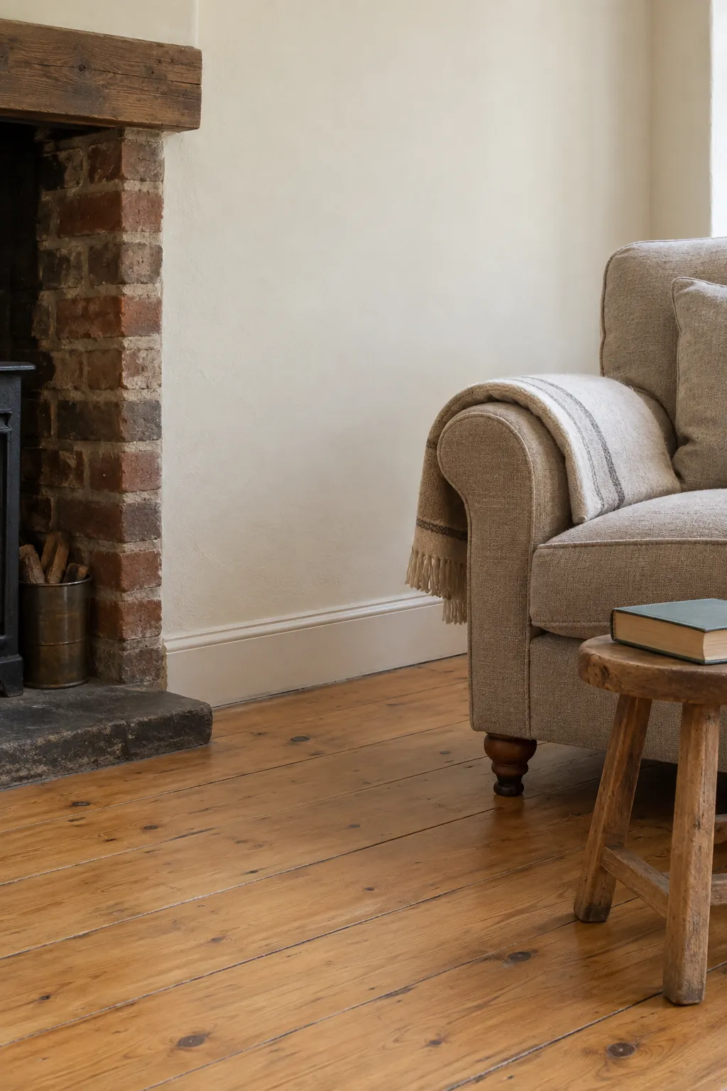 Ivory walls beside honey pine flooring