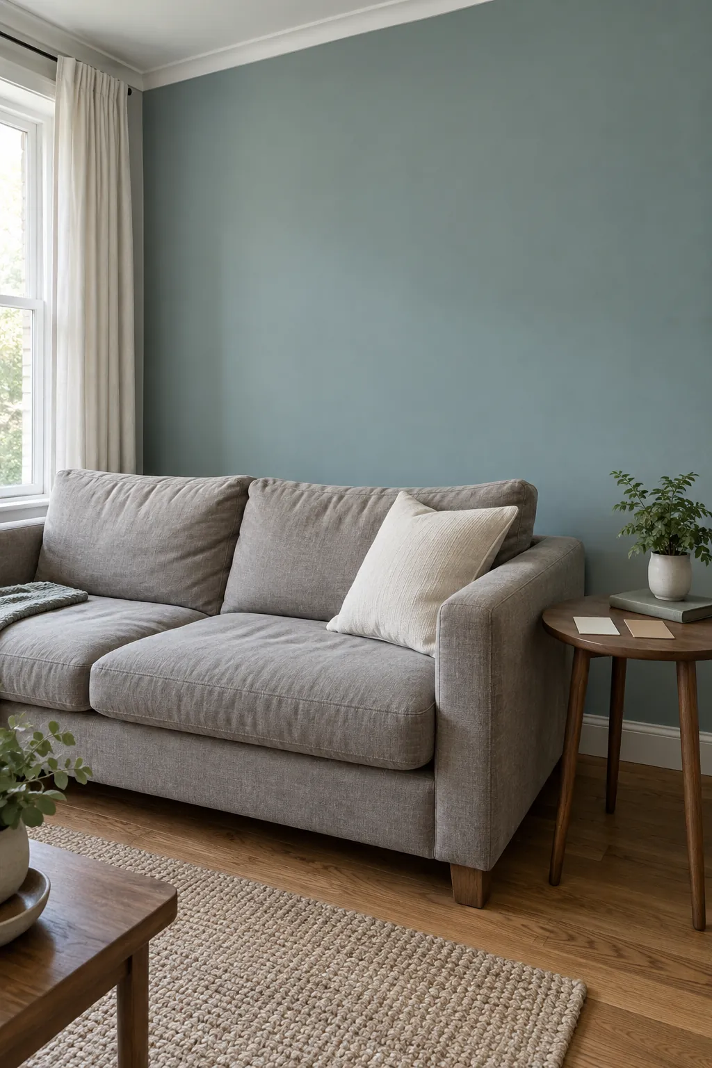Muted living room wall colour coordinated with neutral furniture and daylight